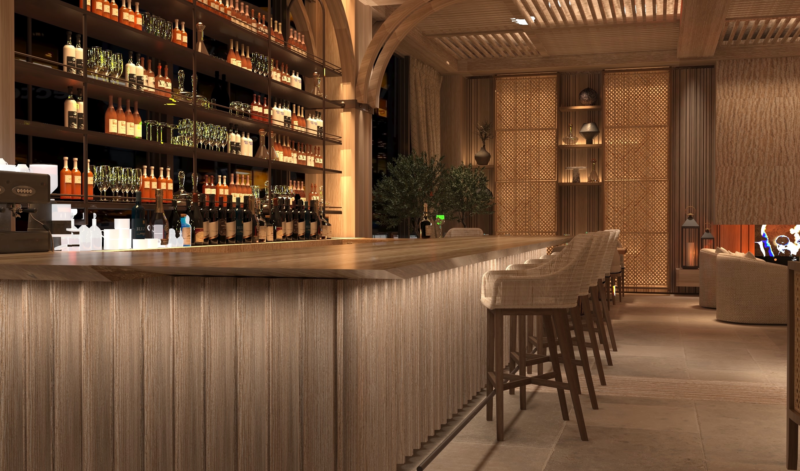 Bar area with curated Greek wine selection