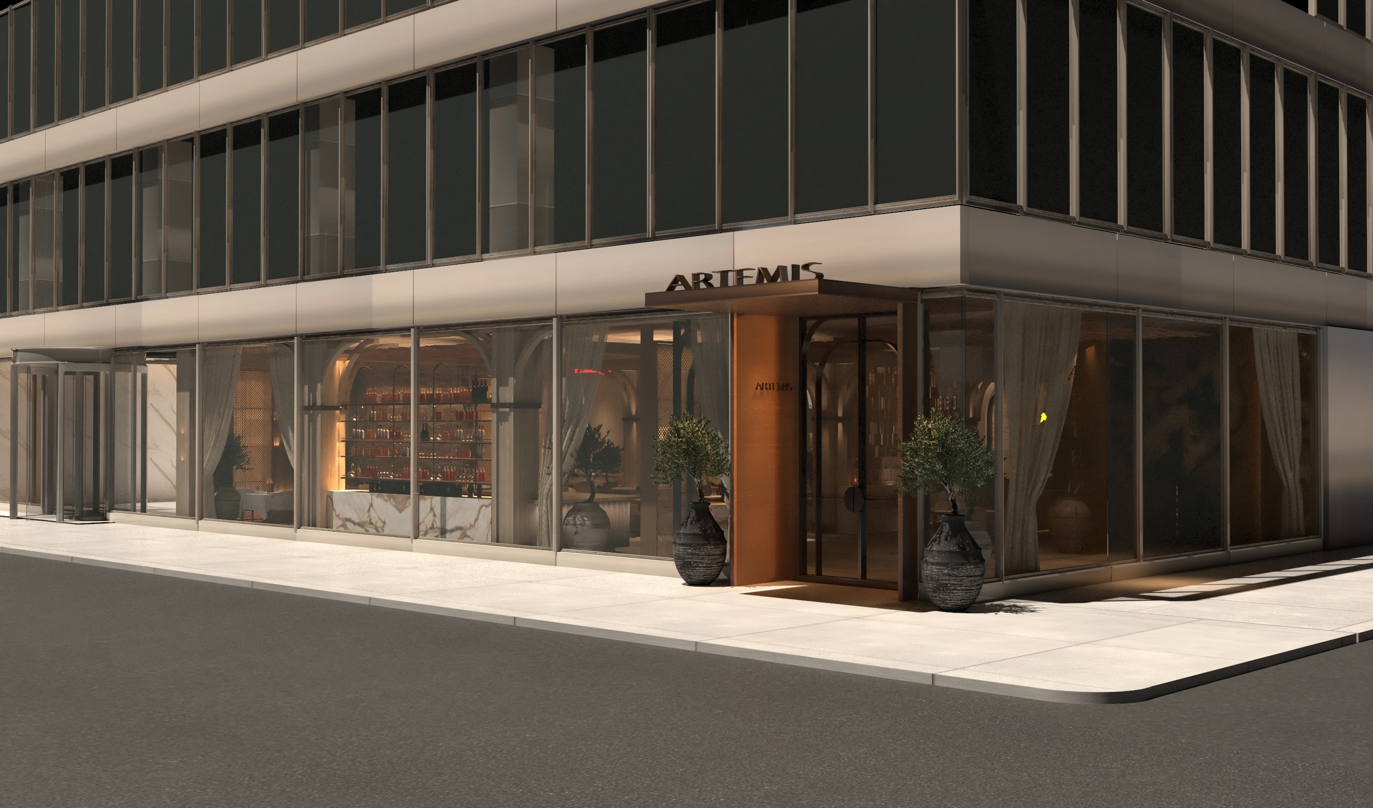Artemis exterior entrance at night with warm lighting